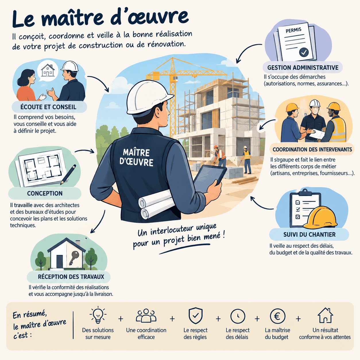 Illustration résumant le métier de maître d'œuvre : conception, coordination et suivi de chantier